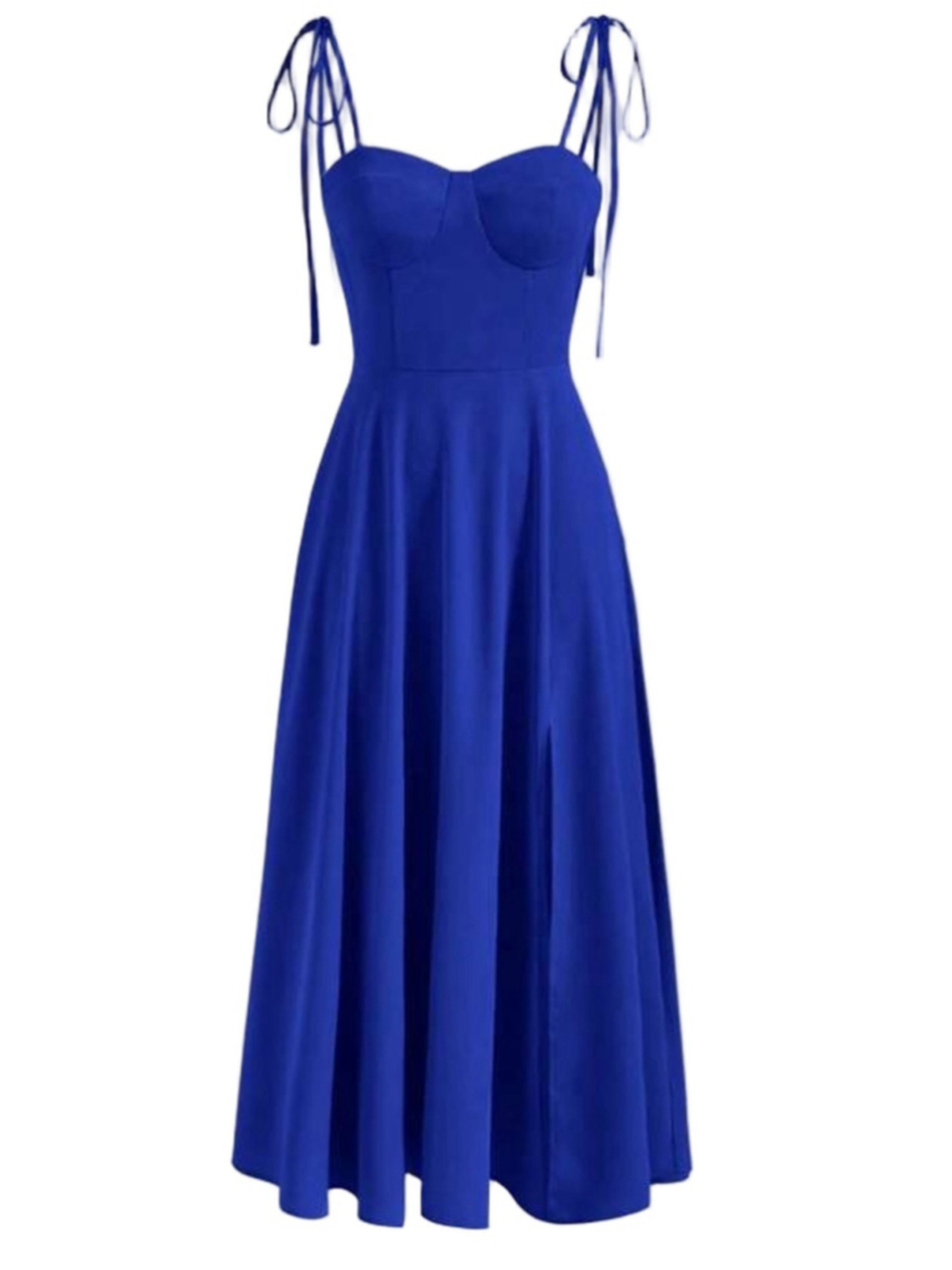 Stunning Cobalt Blue Midi Dress Leg Slit Tie Strap A-Line Wedding Guest Evening